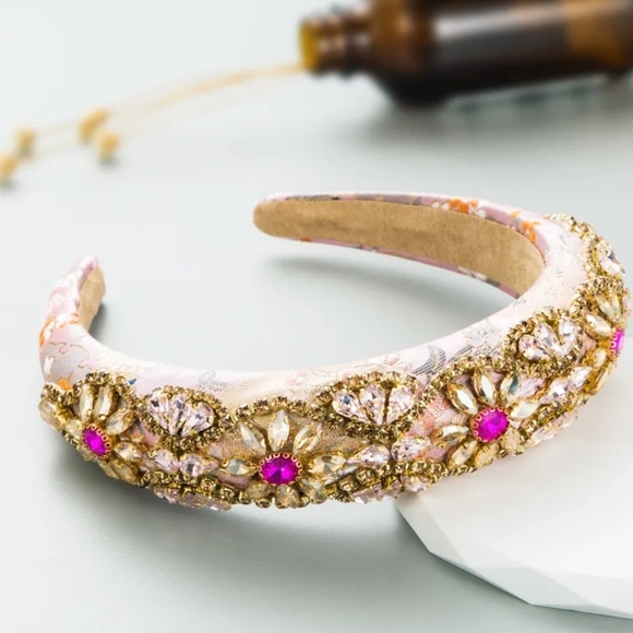 Accessories - Headband Elegant Floral Embellished Pink Rhinestones